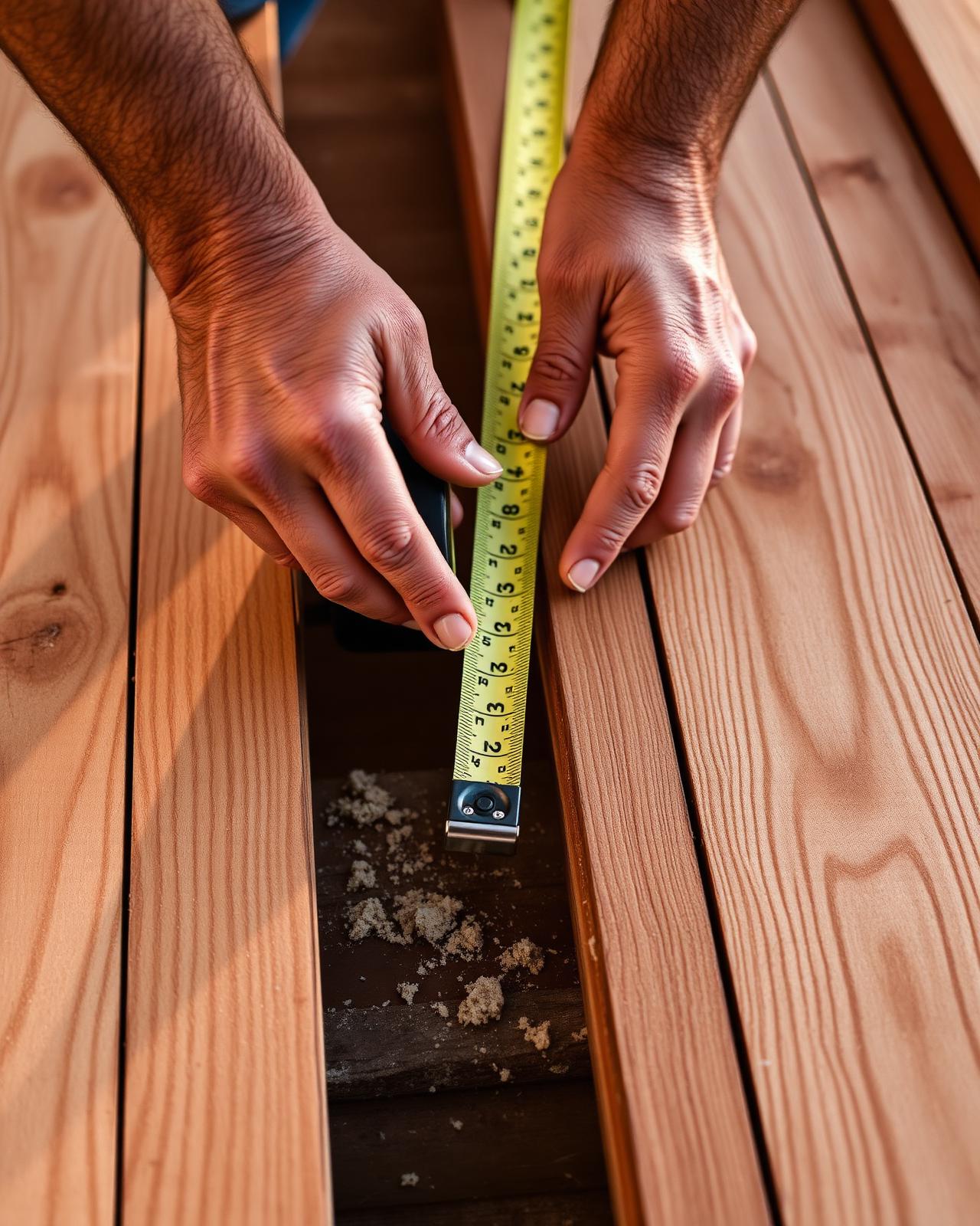 Craftsman measuring deck planks during a build.