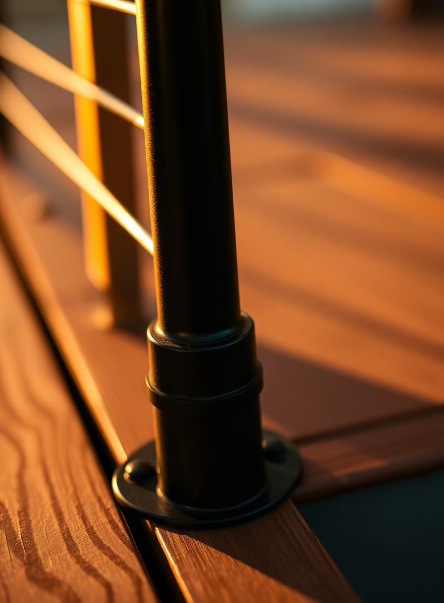 Black powder-coated steel railing macro